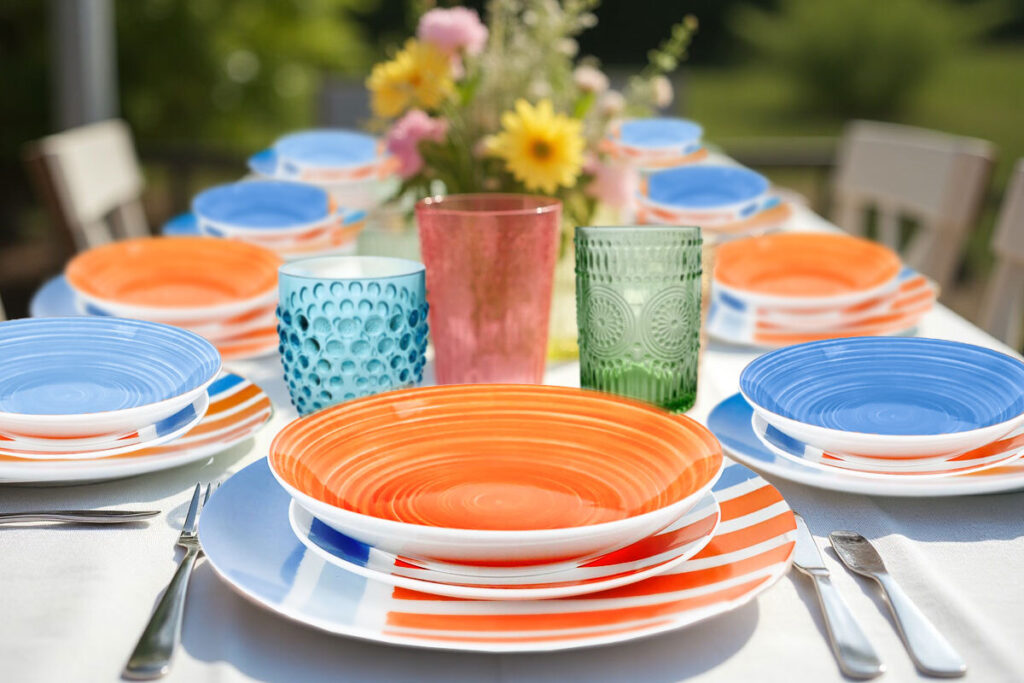 Tavolo apparecchiato con complementi d’arredo cucina: piatti colorati, bicchieri in vetro e posate eleganti