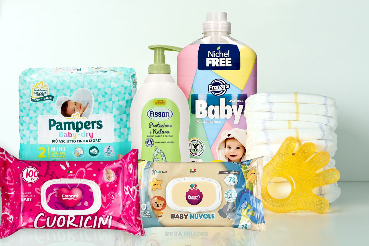Prodotti per neonati disponibili online: creme, pannolini, spugne e giochi baby