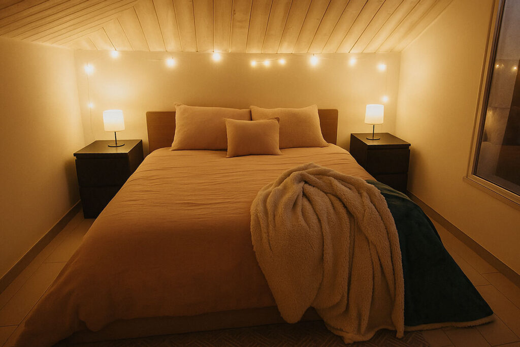 Camera da letto accogliente con plaid, tappeto e luci soffuse