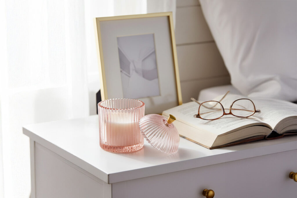 Comodino con candela profumata, libro e cornice elegante