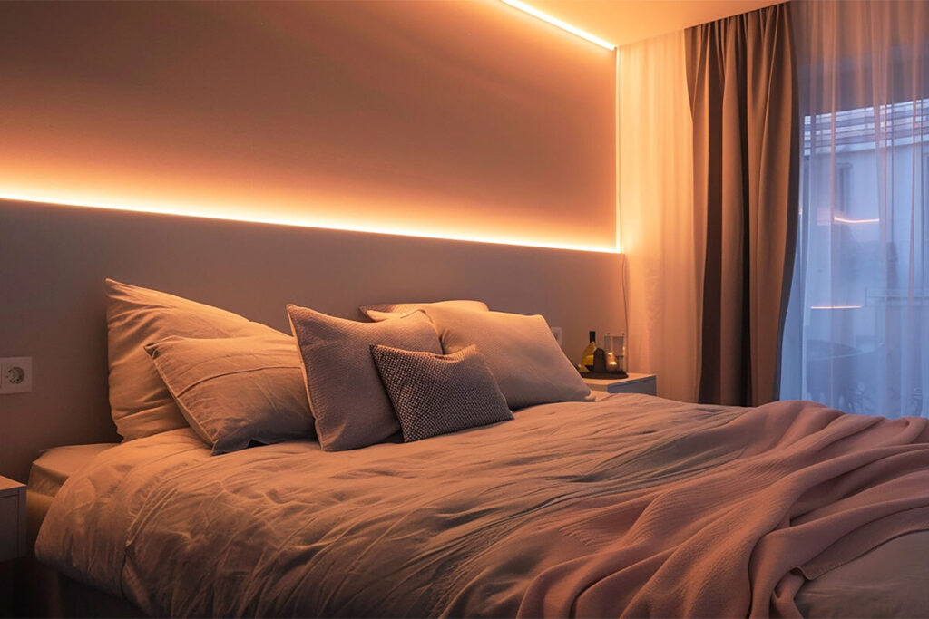 Letto con cuscini rosa cipria, luci soffuse e atmosfera romantica