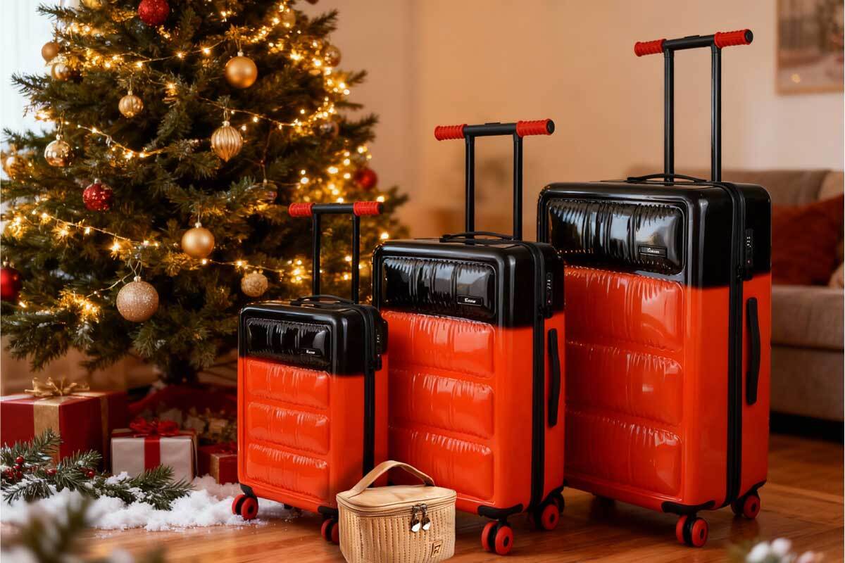 Set da viaggio con trolley, beauty case e mini kit da toilette su sfondo natalizio