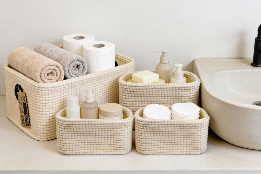 Bagno ordinato con contenitori e soluzioni organizzative
