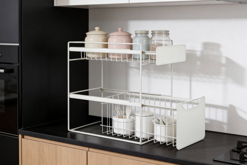 Cucina ordinata con contenitori e accessori organizzativi