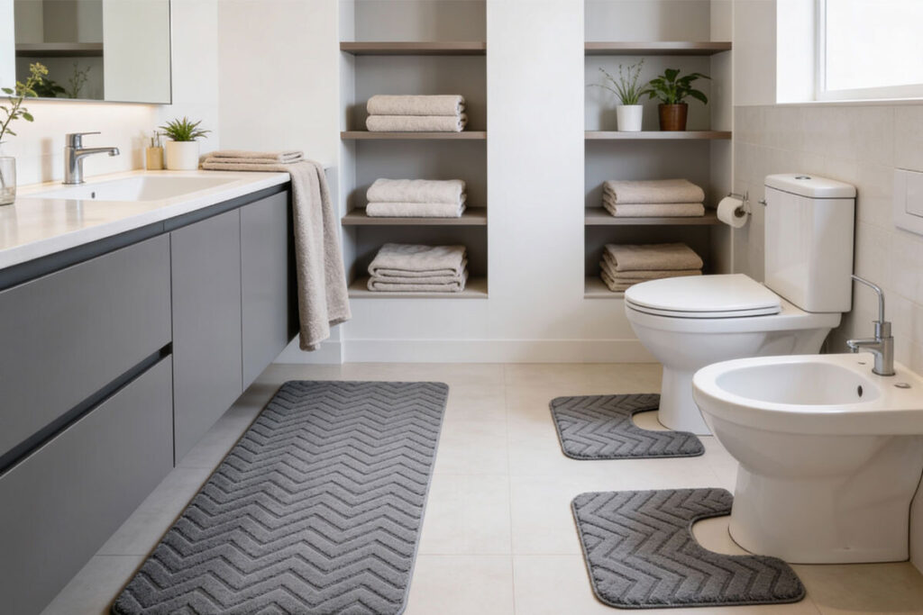 Bagno accogliente in inverno con tappeto morbido, asciugamani e accessori ordinati