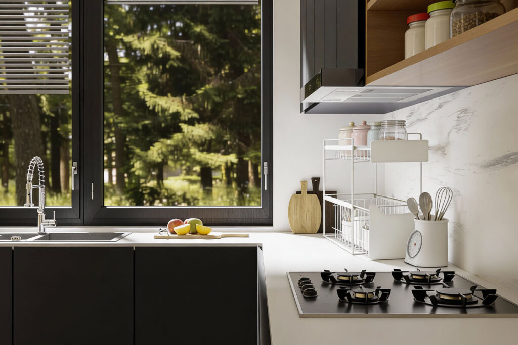 Cucina ordinata con contenitori e accessori pratici per una casa più accogliente