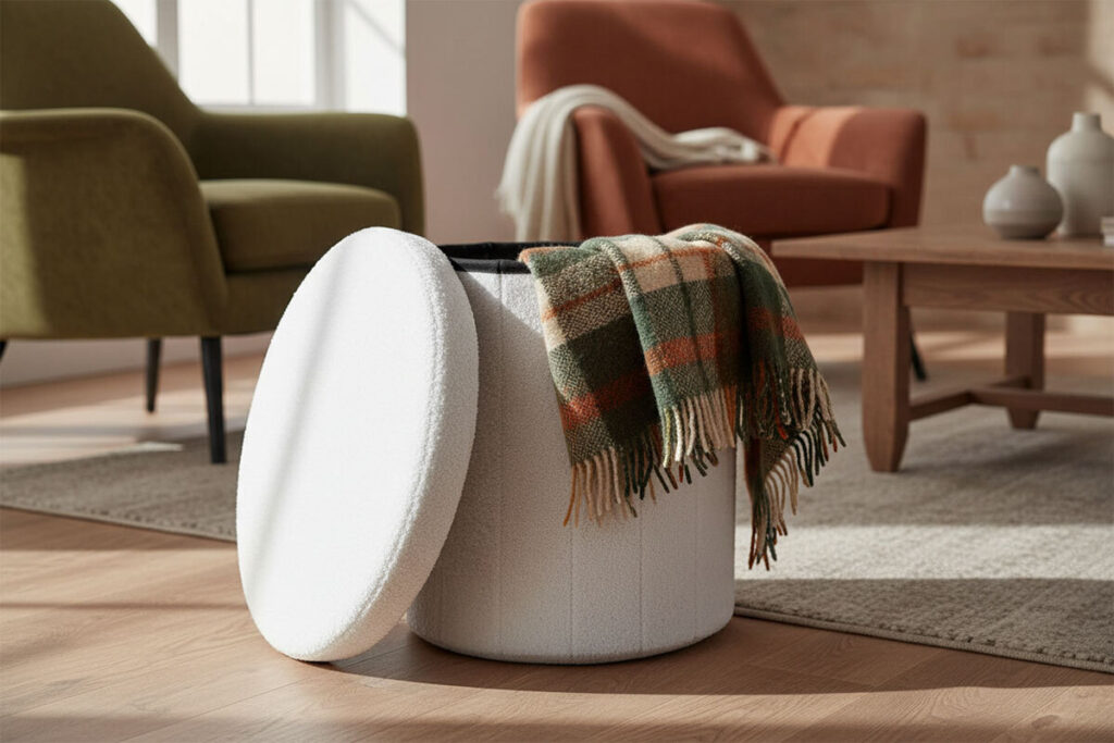 Contenitori e pouf salvaspazio per una casa ordinata e rilassante