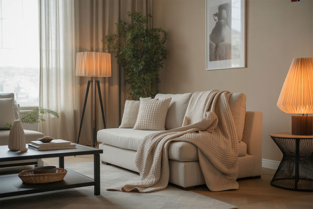 Illuminazione calda in salotto per migliorare il benessere in casa
