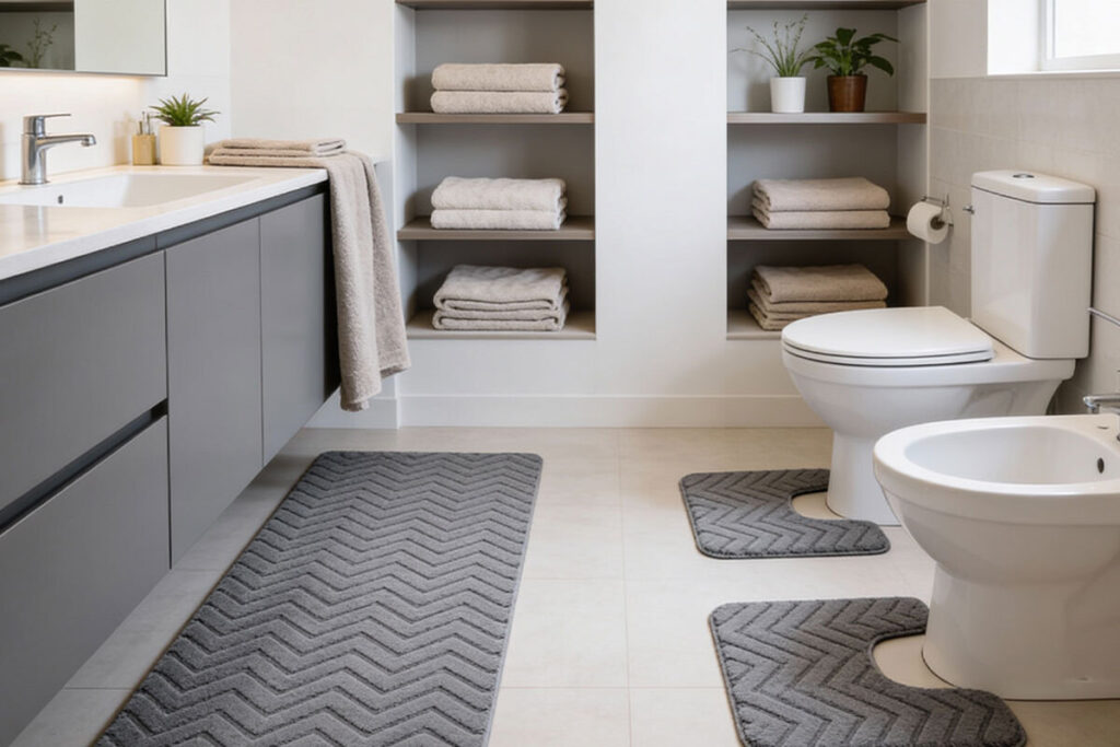 Bagno ordinato con tappeti e accessori per una routine di benessere