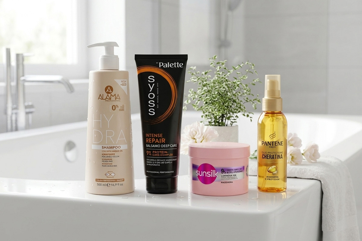 Prodotti per la cura dei capelli come shampoo, balsamo e maschere nutrienti