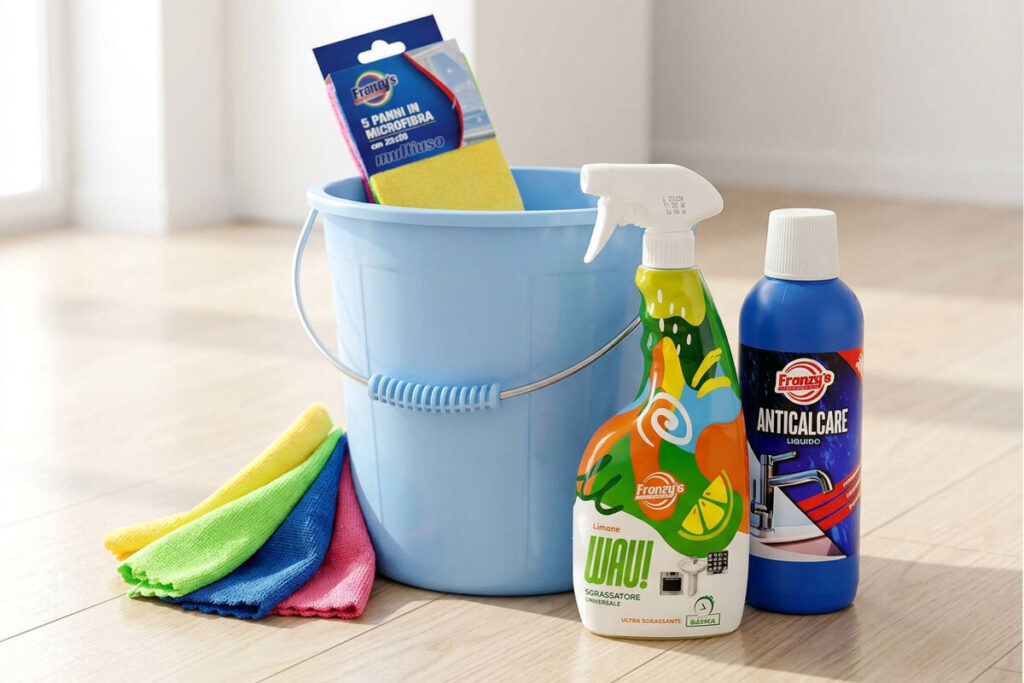 Detersivi per pulizia casa con sgrassatore, anticalcare e panni in microfibra