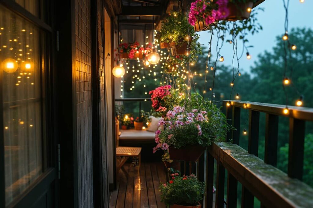 Decorazioni balcone con piante, lanterne e accessori colorati