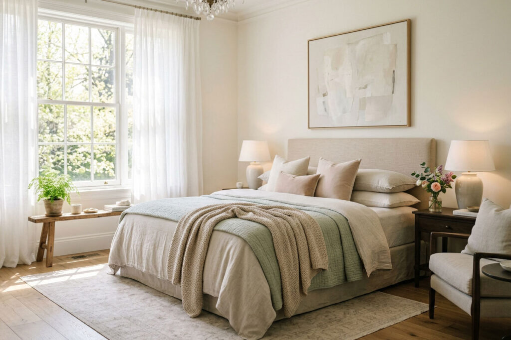 Camera da letto elegante e ordinata con tessili primaverili