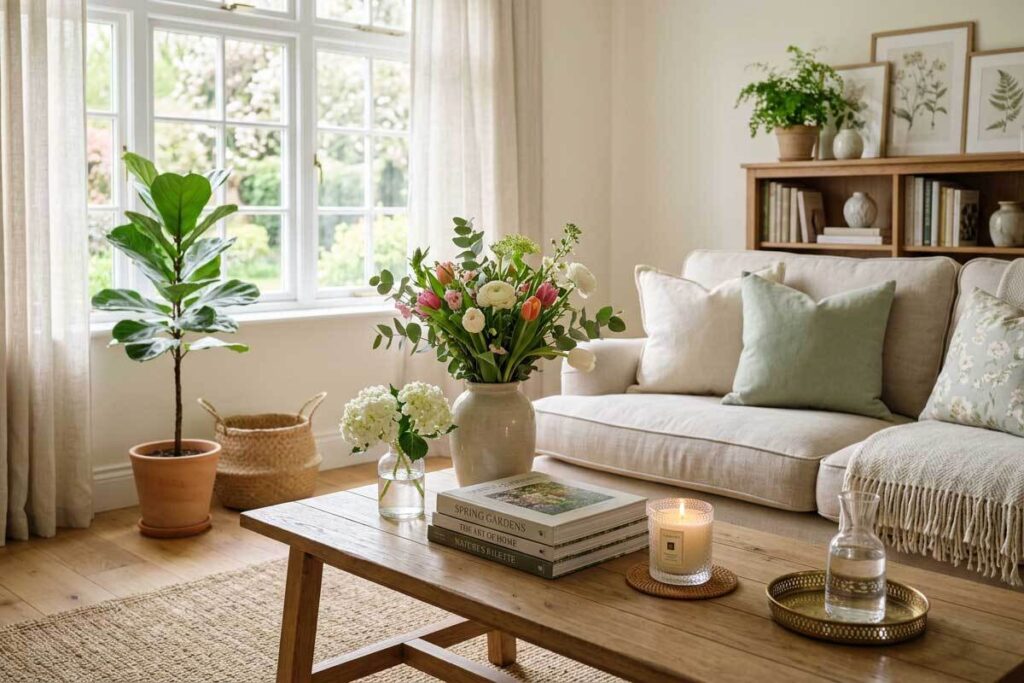 Decorazioni primaverili con piante e accessori per la casa