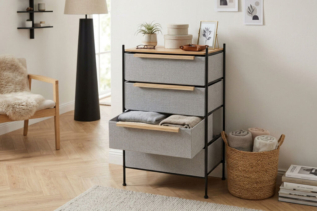 Casa ordinata con contenitori e accessori organizzativi