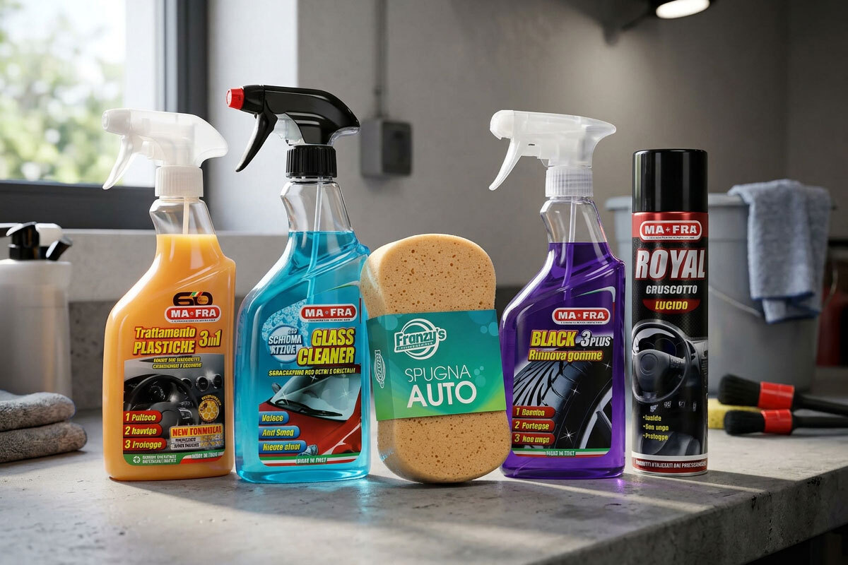 Kit completo per pulizia auto con accessori e detergenti