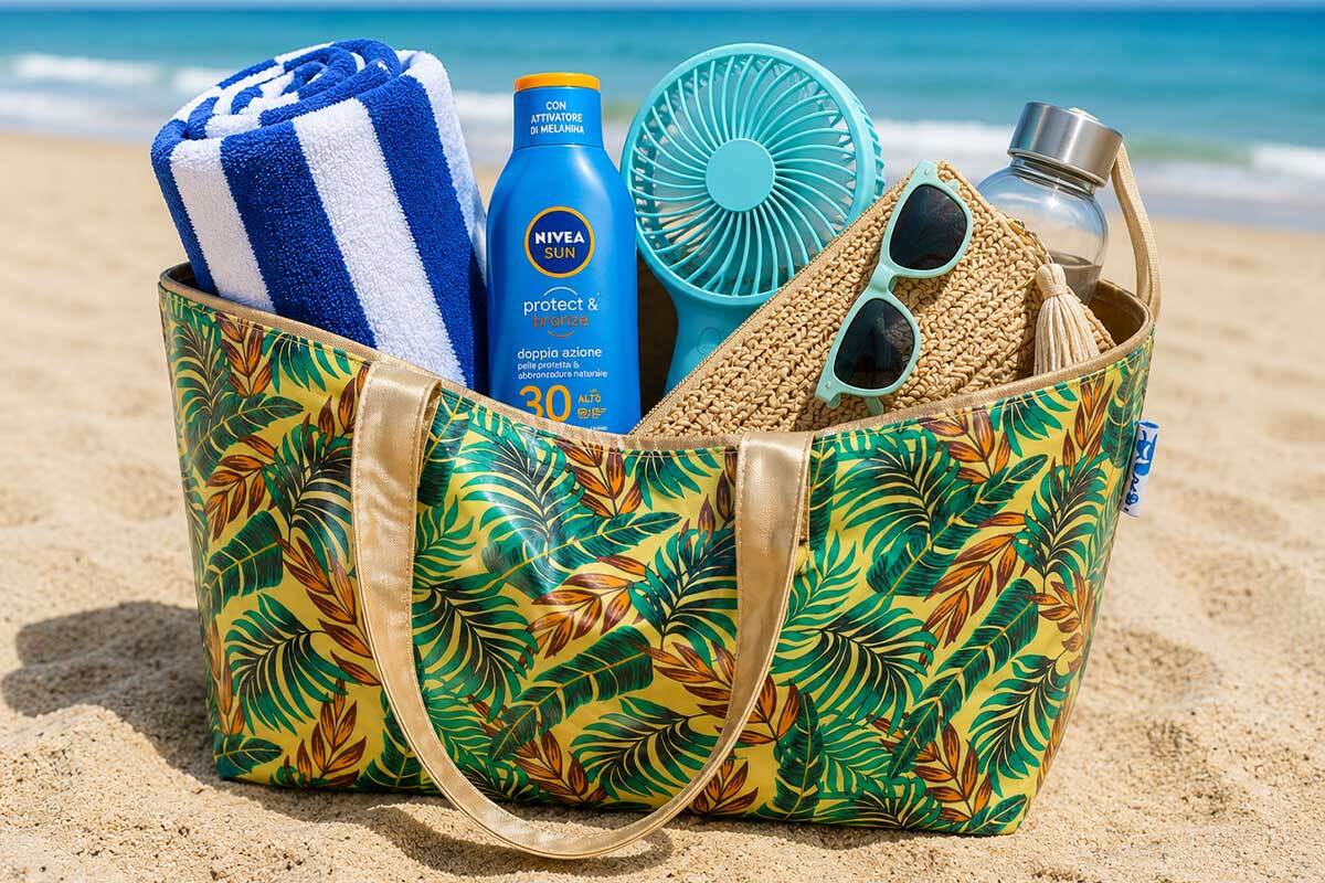 Borsa termica da mare con bevande fresche e snack
