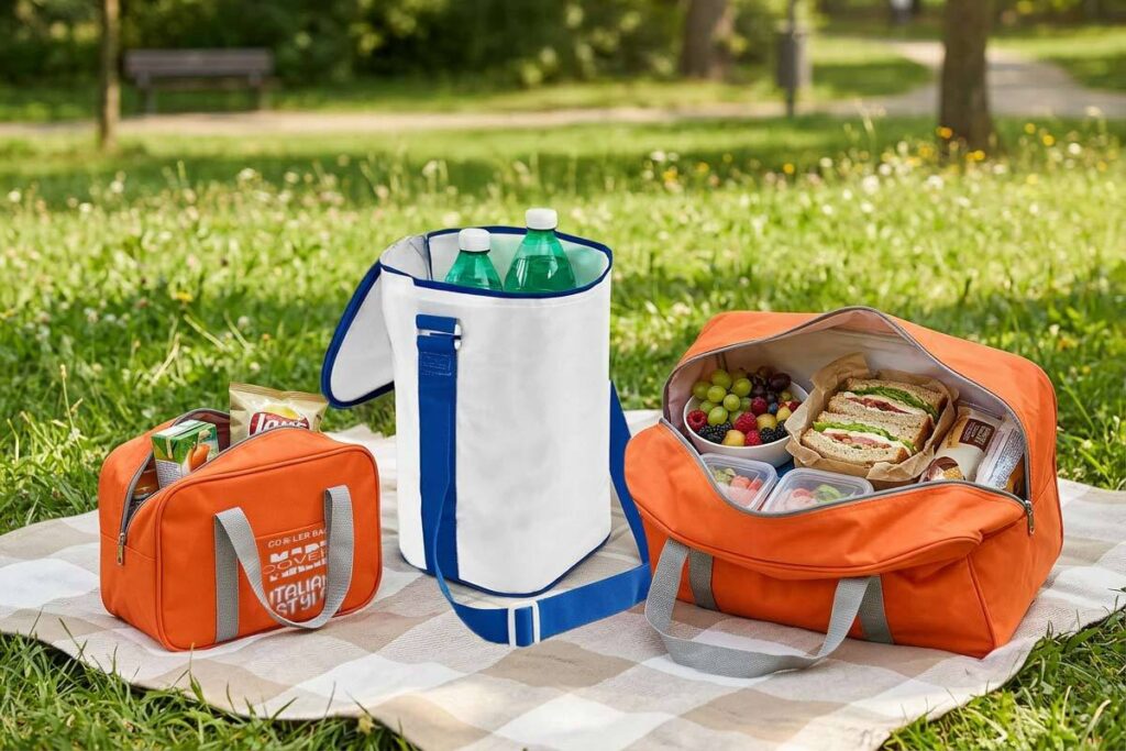 Accessori picnic con borsa termica contenitori e bottiglie