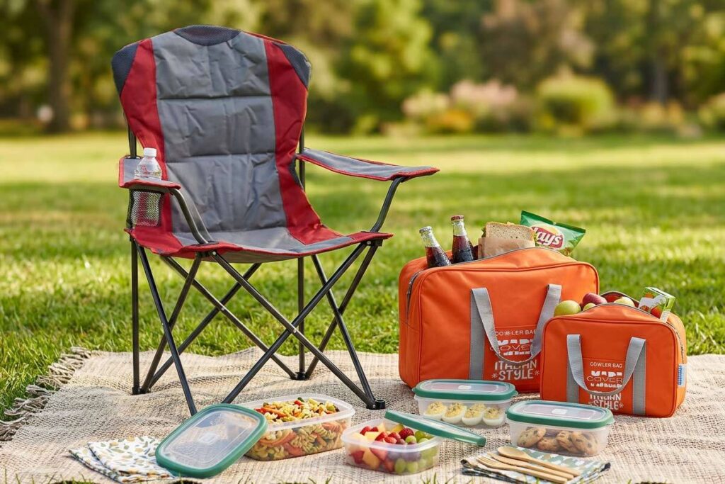 Picnic primaverile con accessori colorati e atmosfera rilassata