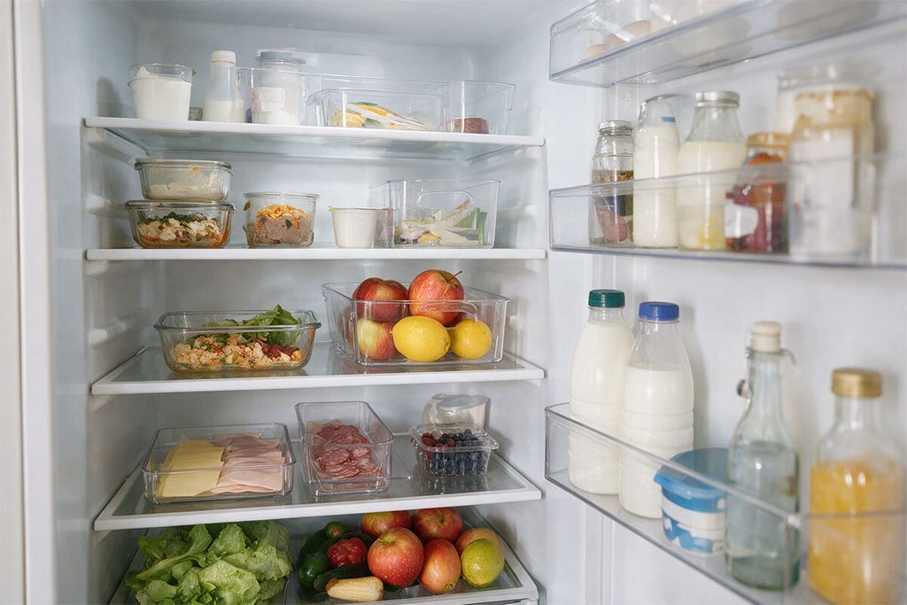 Dispensa ordinata con barattoli e contenitori per alimenti