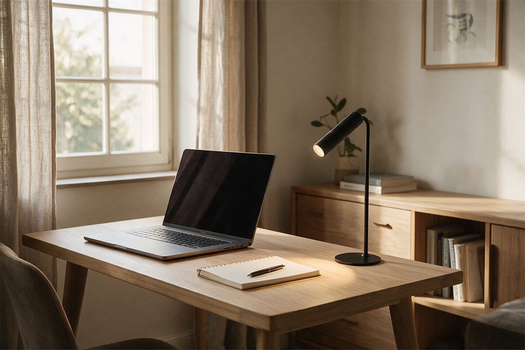 Angolo studio luminoso con lampada da scrivania