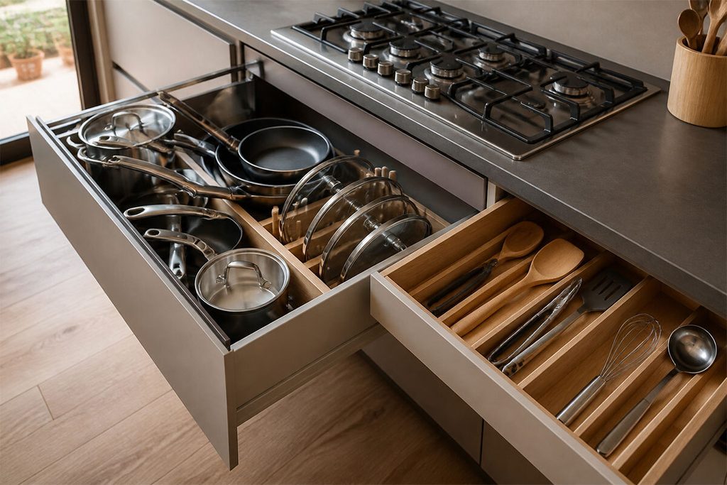 Piano cucina ordinato con portautensili e pochi accessori