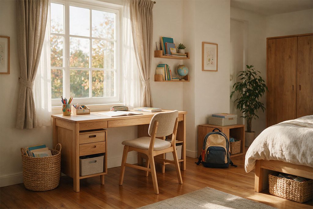 Scrivania organizzata per bambini e ragazzi per il rientro a scuola
