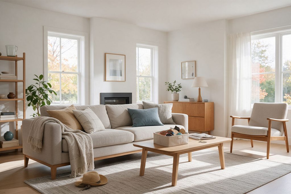 Soggiorno ordinato prima di decorare la casa per l'autunno
