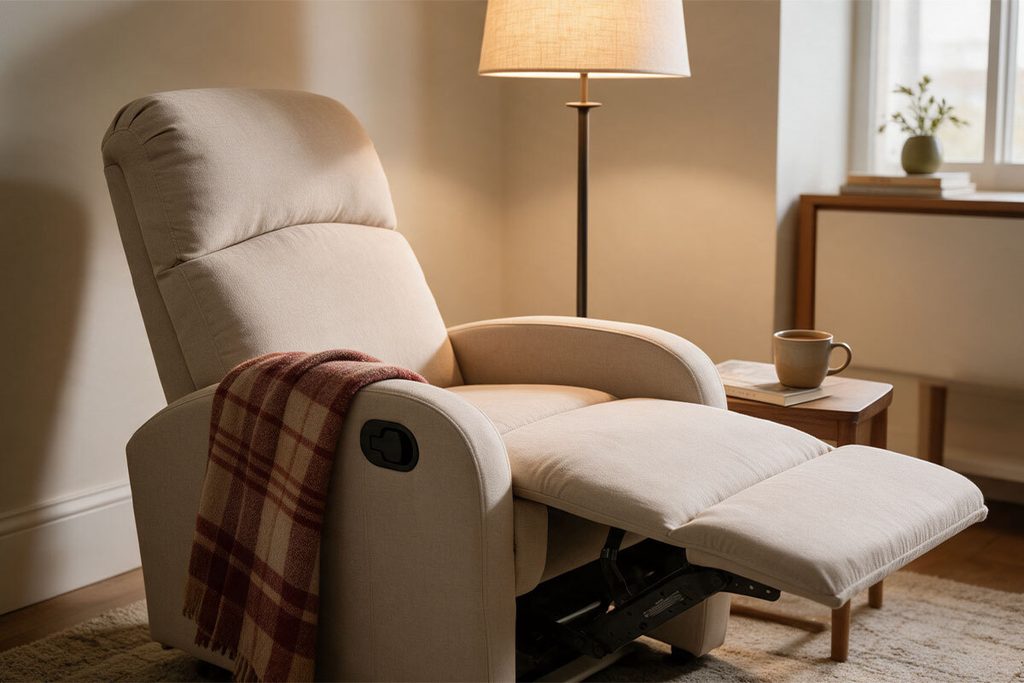 Angolo relax autunnale con poltrona lampada plaid e tavolino