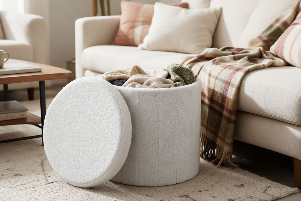 Pouf contenitore utilizzato in un soggiorno accogliente