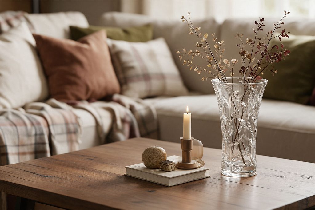 Decorazioni autunnali con vaso foglie e complementi per la casa